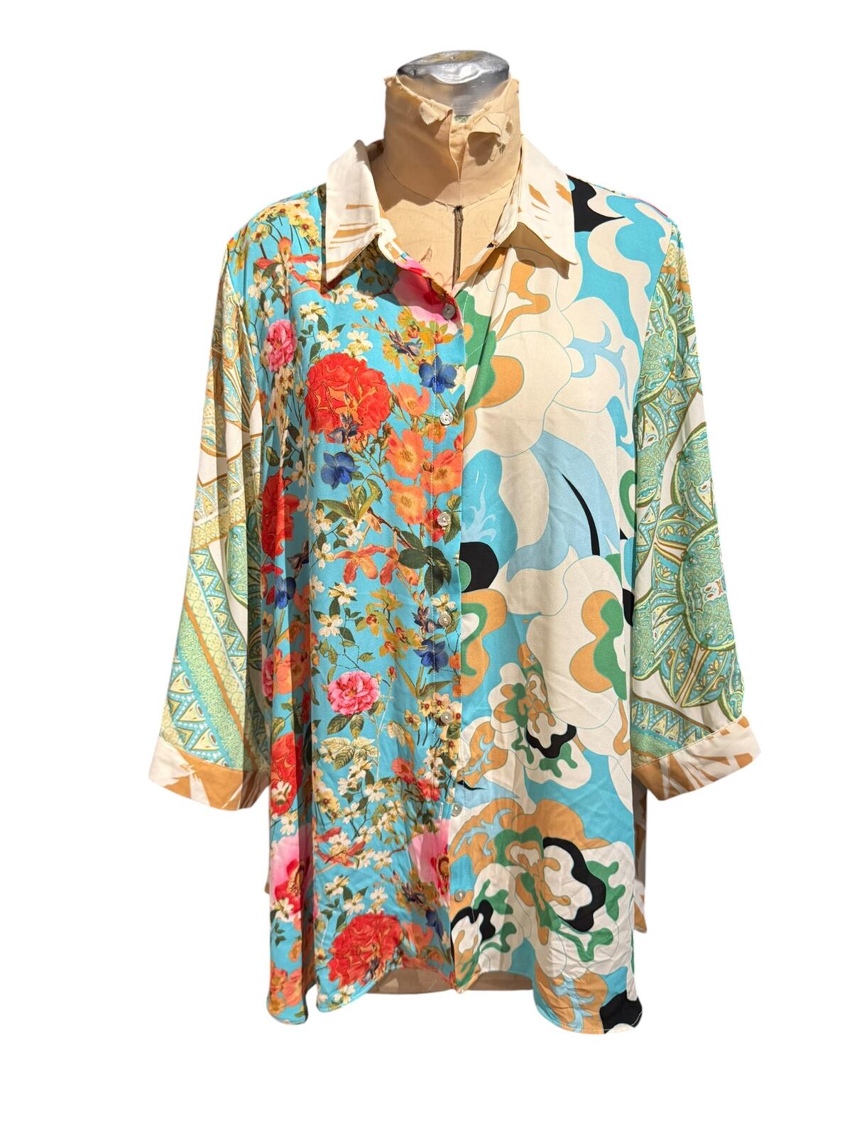 Rose + Olive Colorful Floral and Abstract Print Long Sleeve Shirt