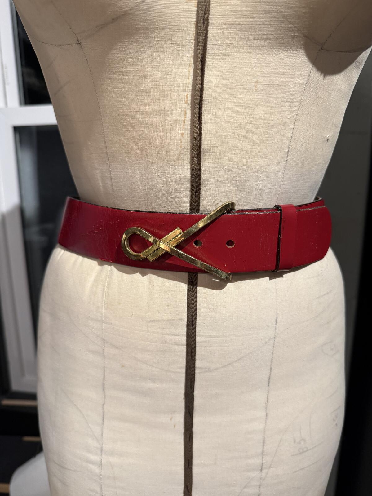 Garay Vintage Red Leather Belt with Unique Gold Tone Buckle