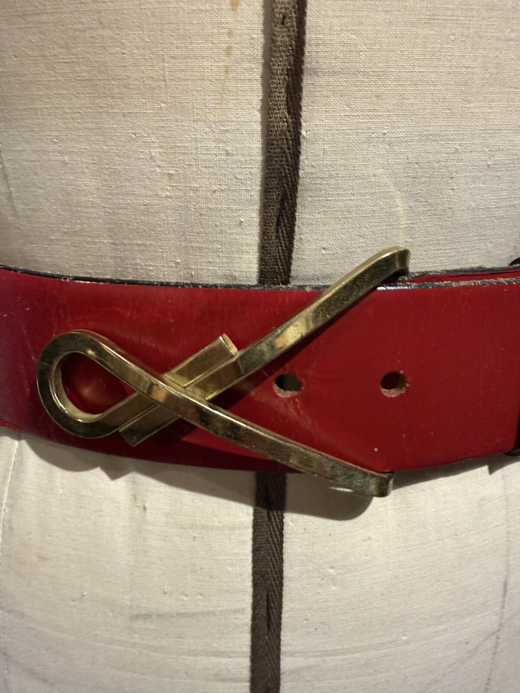 Garay Vintage Red Leather Belt with Unique Gold Tone Buckle
