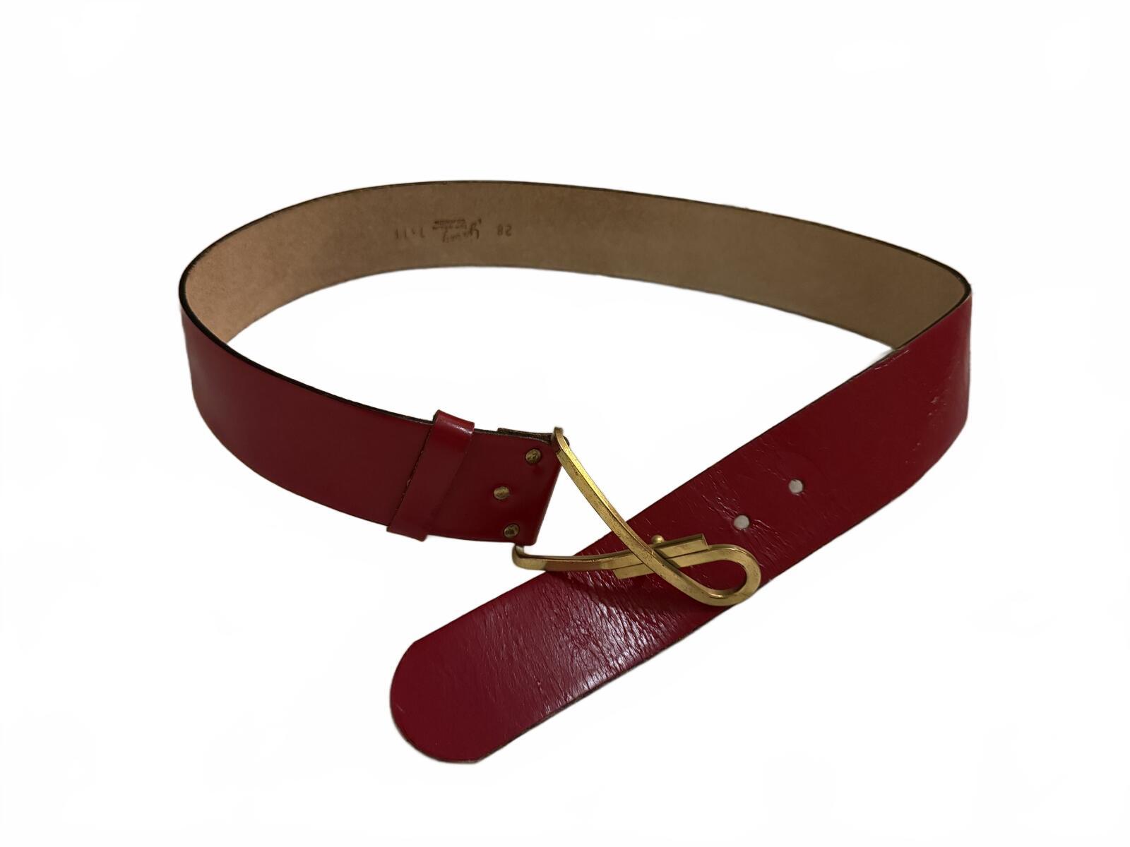 Garay Vintage Red Leather Belt with Unique Gold Tone Buckle