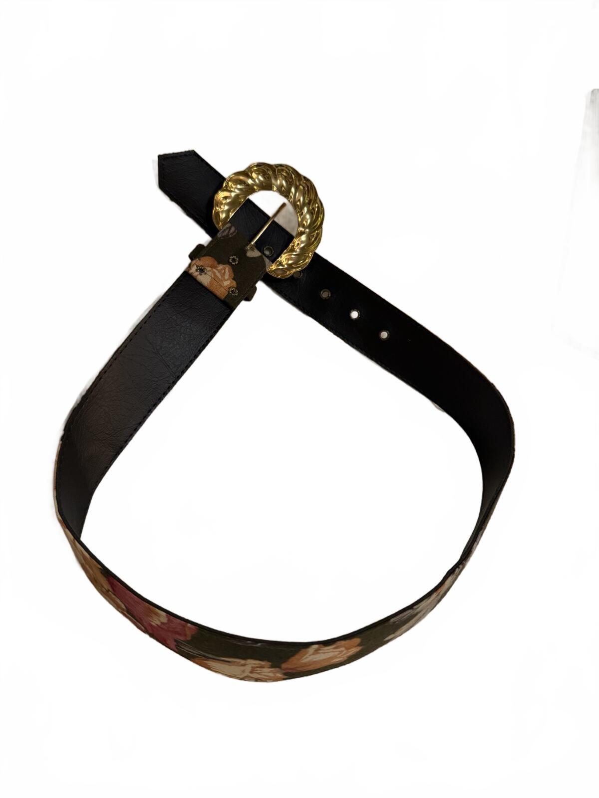 Floral Pattern Belt with Gold-Tone Round Buckle