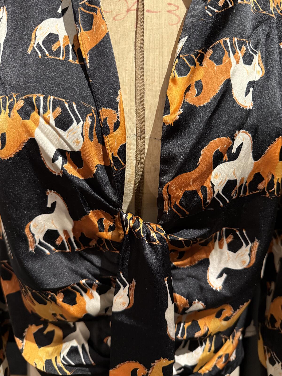 Milk & Honey Long Sleeve Horse Print Tie Front Blouse