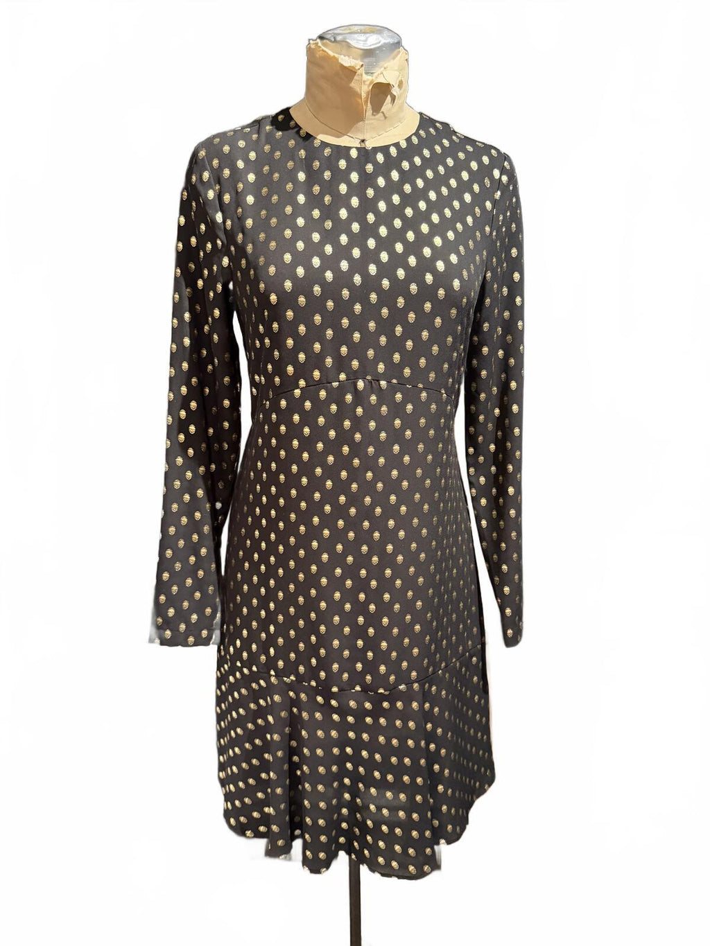 Warehouse Black and Beige Polka Dot Long Sleeve Dress