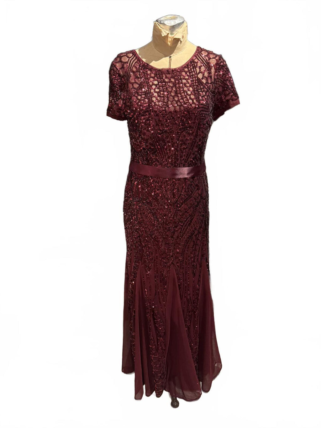 R&M Richards Elegant Burgundy Beeded Evening Dress with Satin Waist Tie