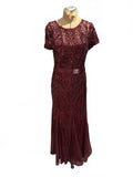 R&M Richards Elegant Burgundy Beeded Evening Dress with Satin Waist Tie