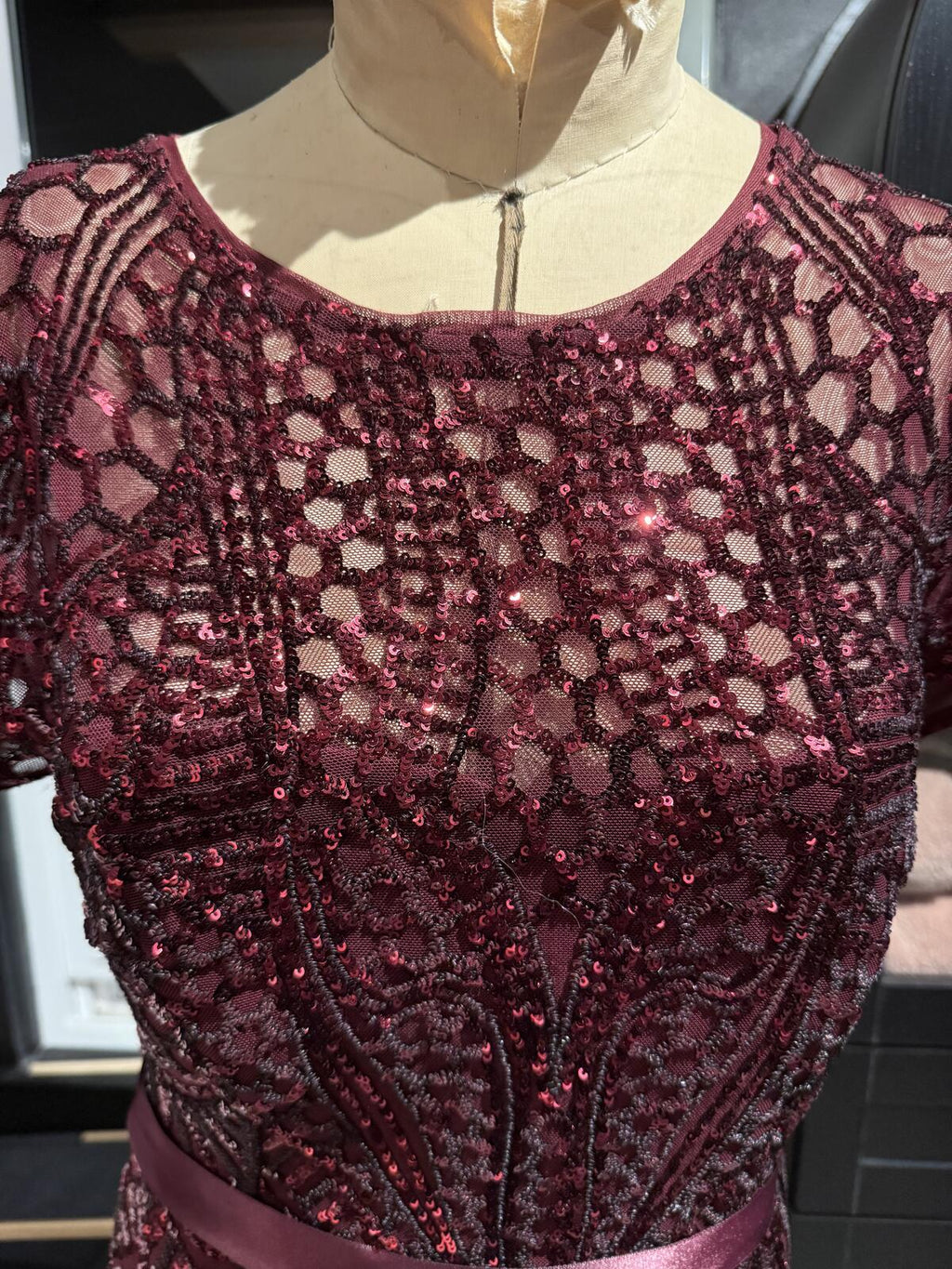 R&M Richards Elegant Burgundy Beeded Evening Dress with Satin Waist Tie