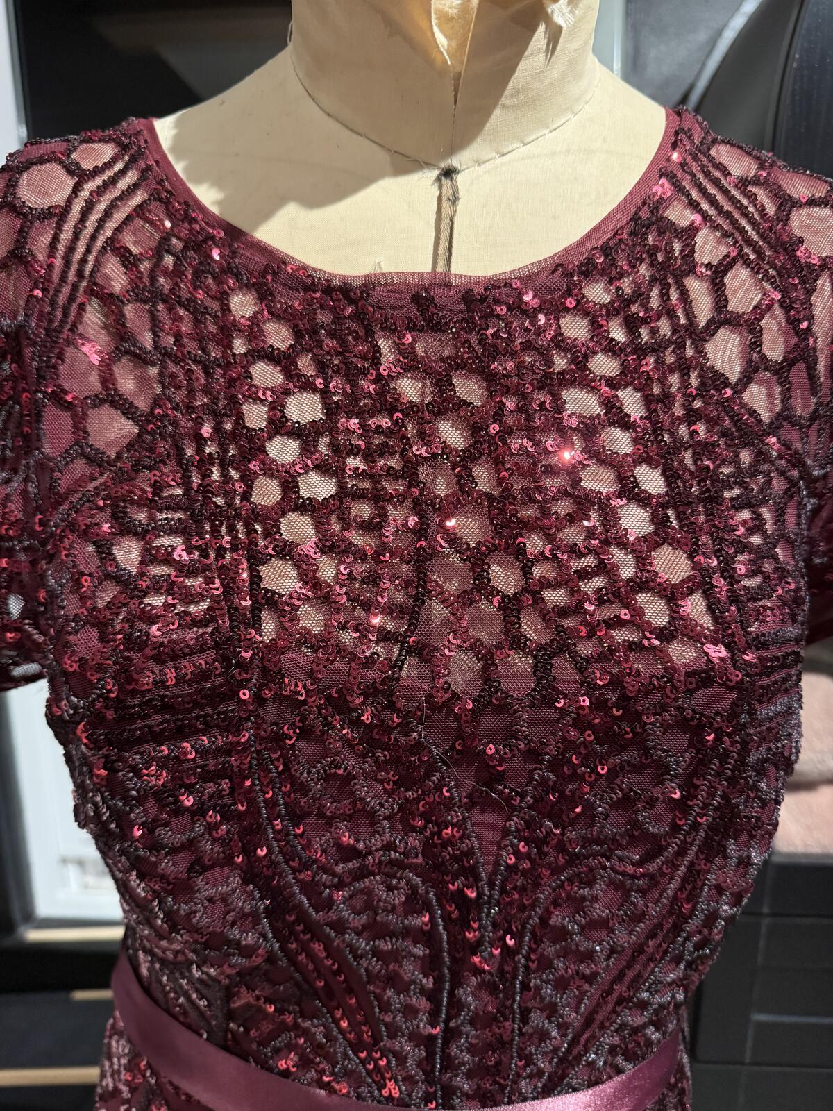 R&M Richards Elegant Burgundy Beeded Evening Dress with Satin Waist Tie