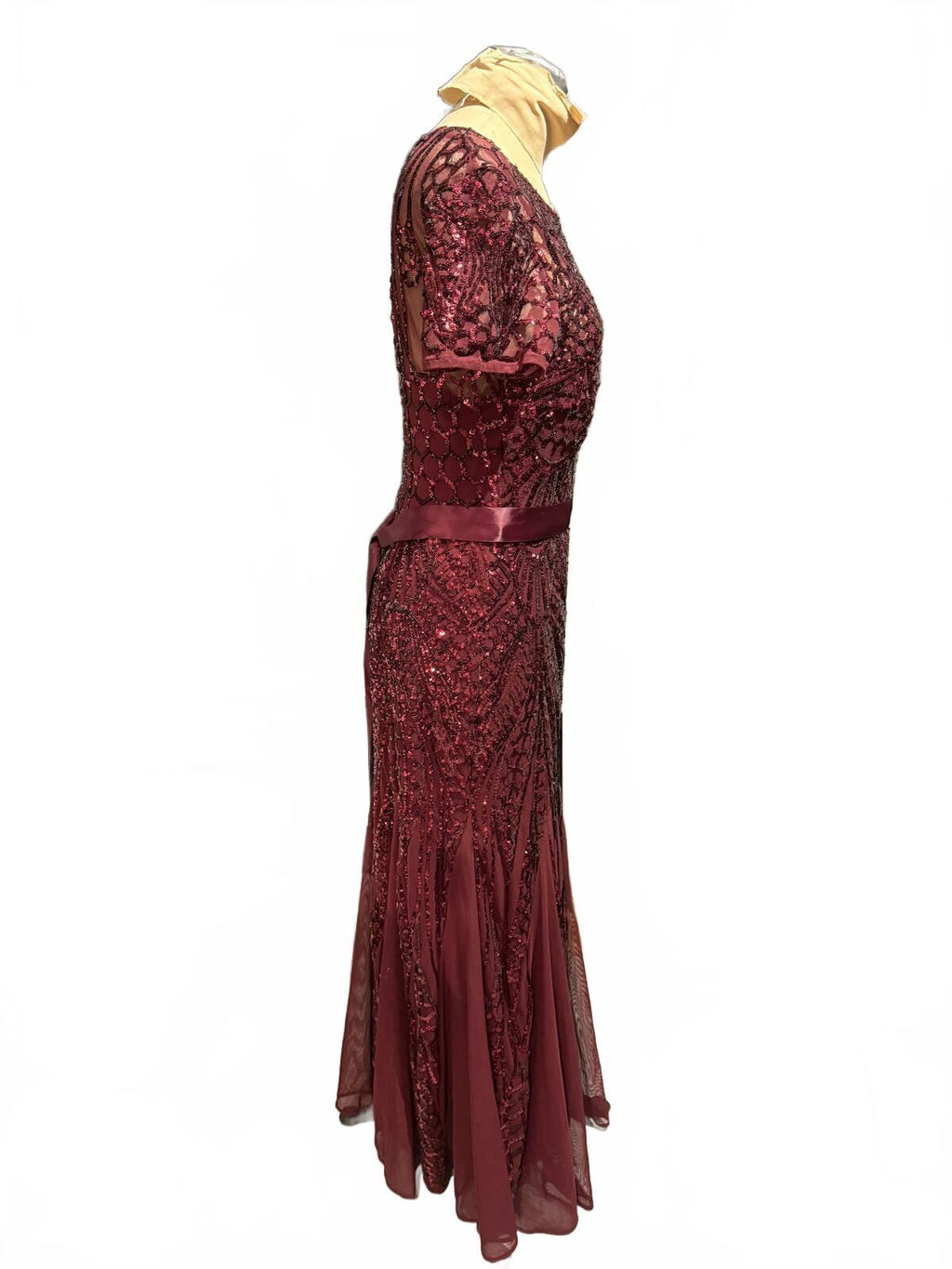 R&M Richards Elegant Burgundy Beeded Evening Dress with Satin Waist Tie