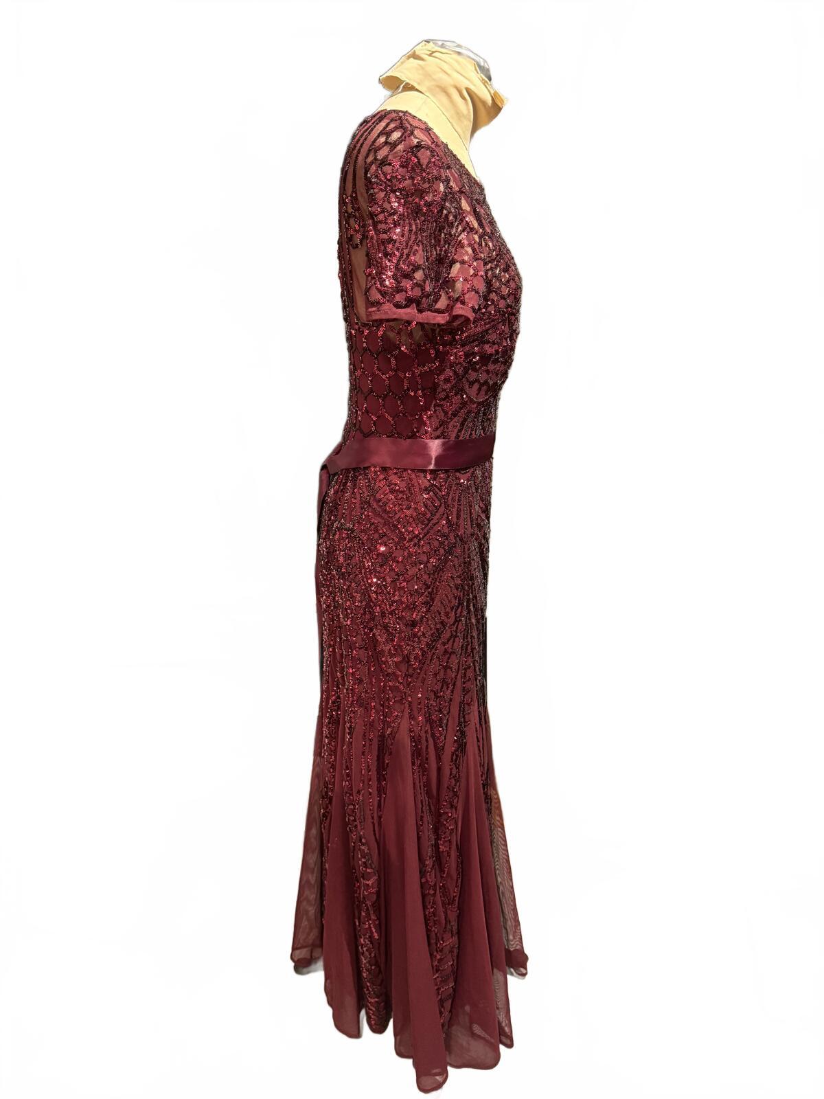 R&M Richards Elegant Burgundy Beeded Evening Dress with Satin Waist Tie
