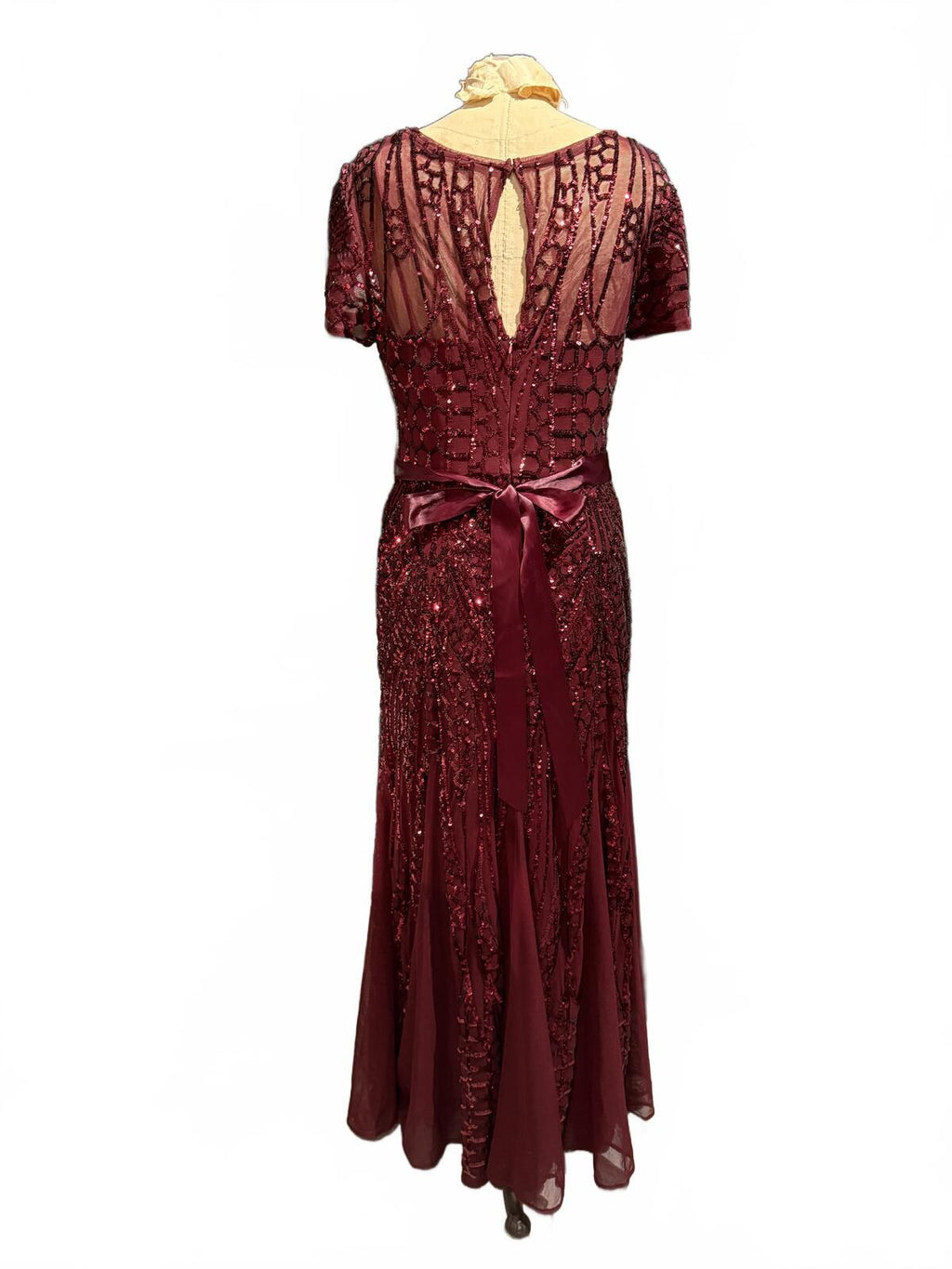 R&M Richards Elegant Burgundy Beeded Evening Dress with Satin Waist Tie