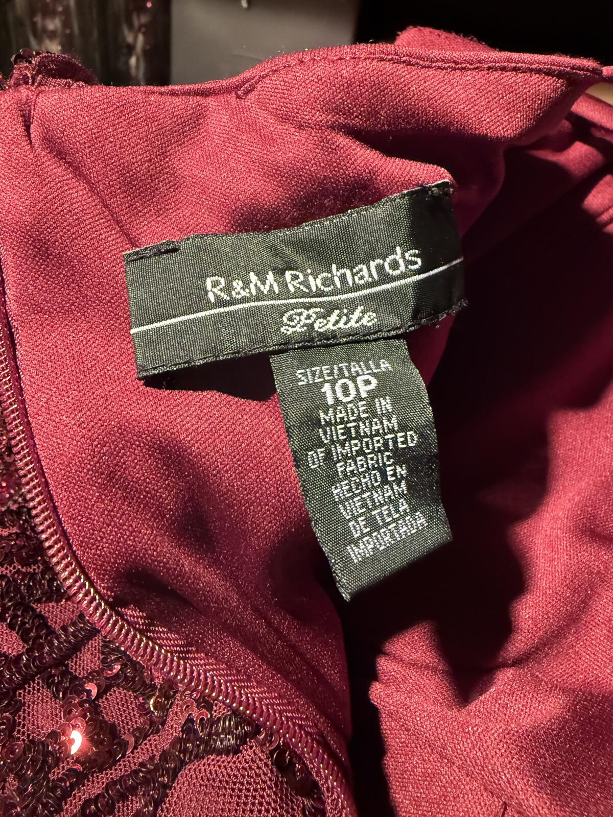 R&M Richards Elegant Burgundy Beeded Evening Dress with Satin Waist Tie