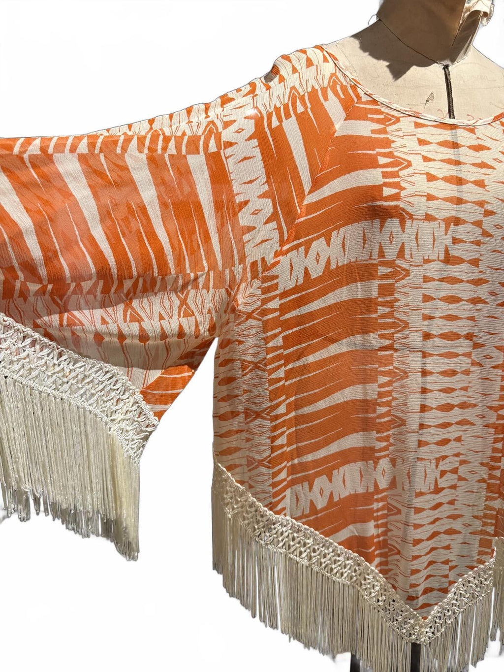 Anna Sui Orange and Cream Patterned Sheer Silk Top with Fringe Trim