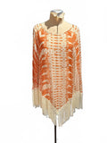 Anna Sui Orange and Cream Patterned Sheer Silk Top with Fringe Trim