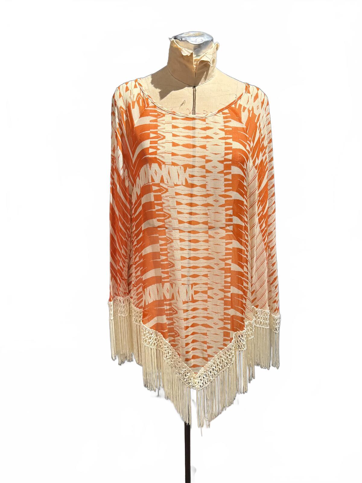 Anna Sui Orange and Cream Patterned Sheer Silk Top with Fringe Trim