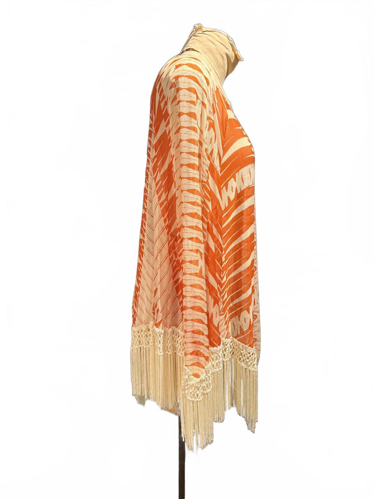 Anna Sui Orange and Cream Patterned Sheer Silk Top with Fringe Trim