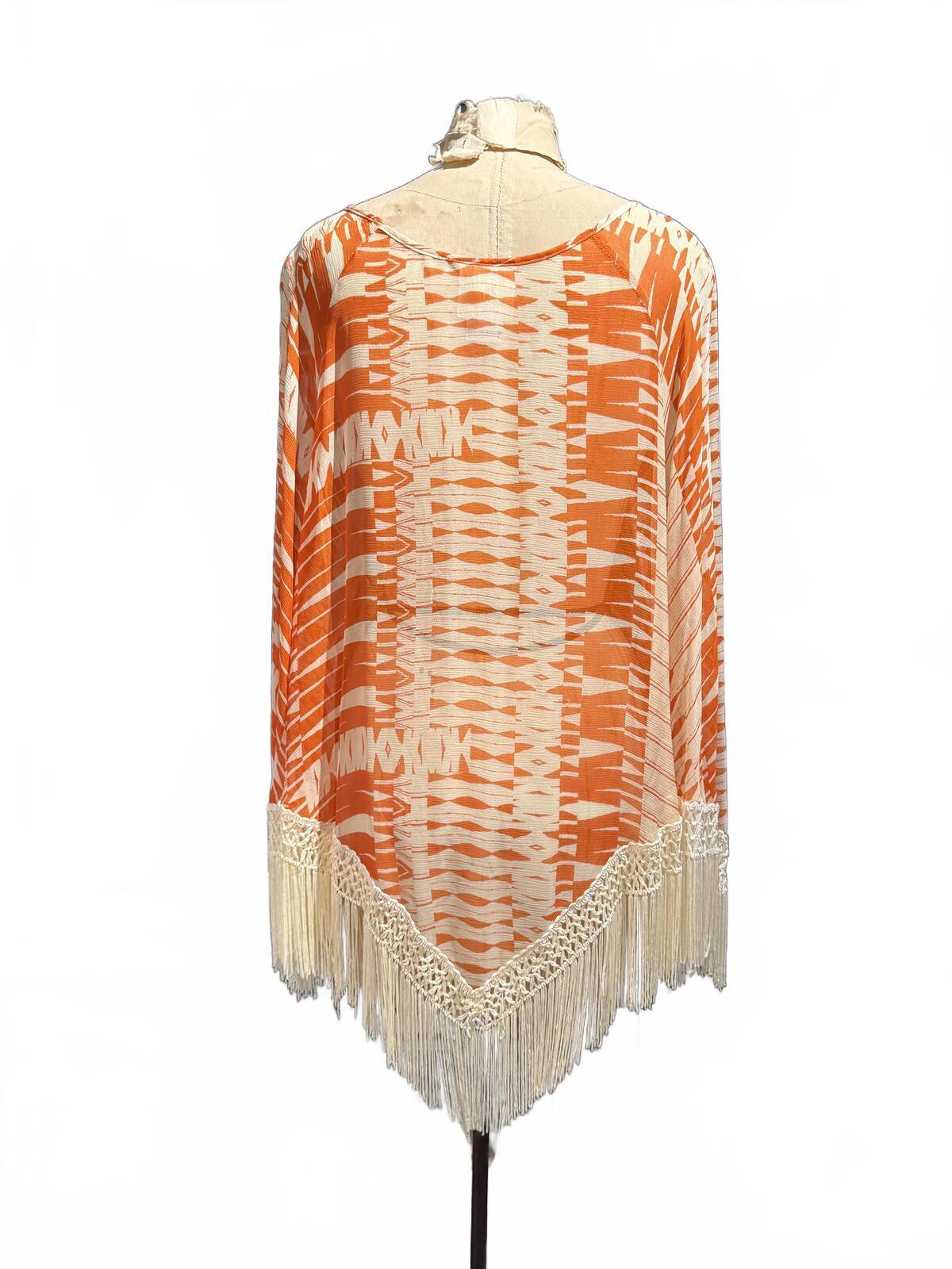 Anna Sui Orange and Cream Patterned Sheer Silk Top with Fringe Trim