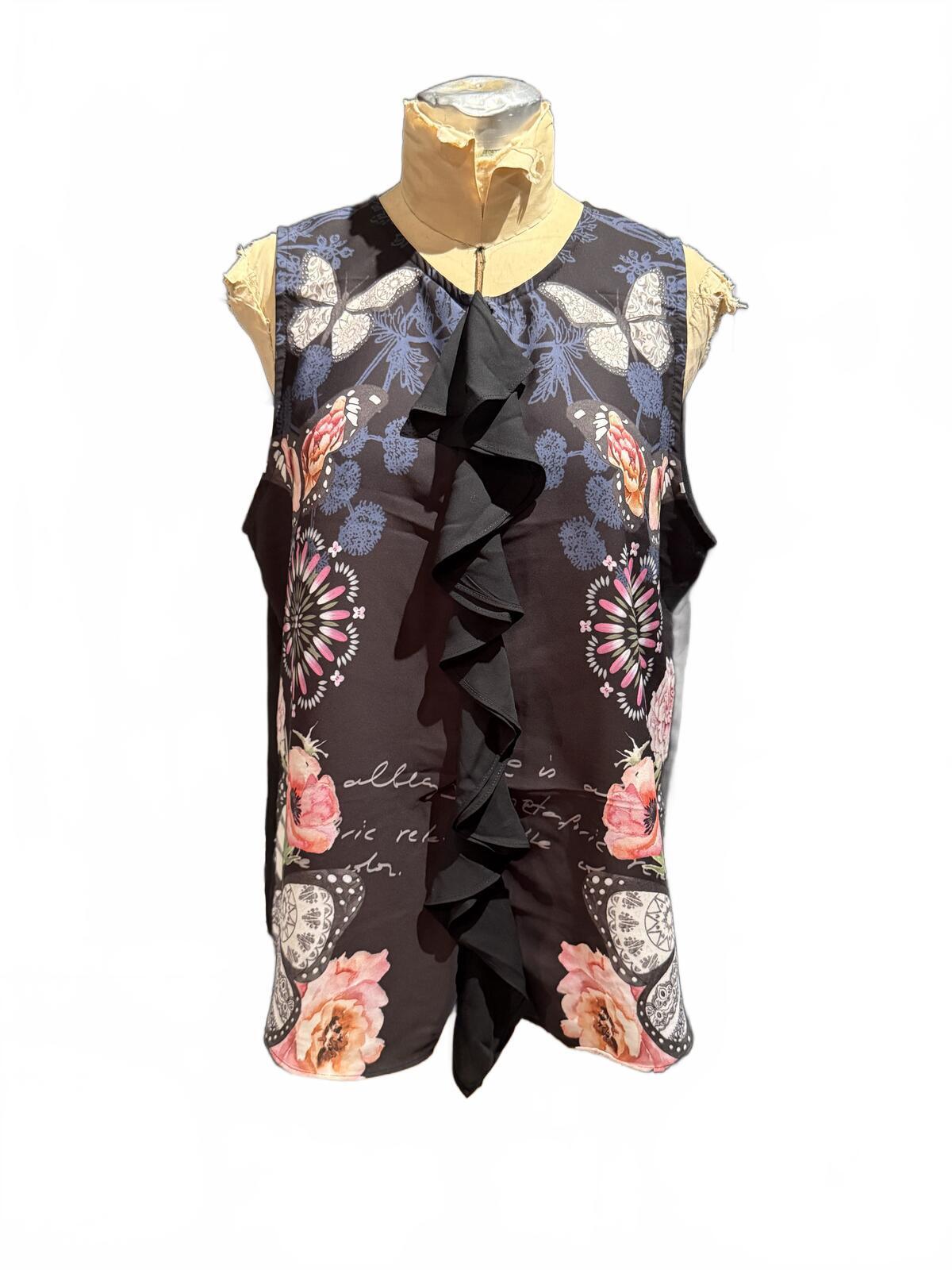Desigual Sleeveless Floral and Butterfly Print Blouse with Ruffle