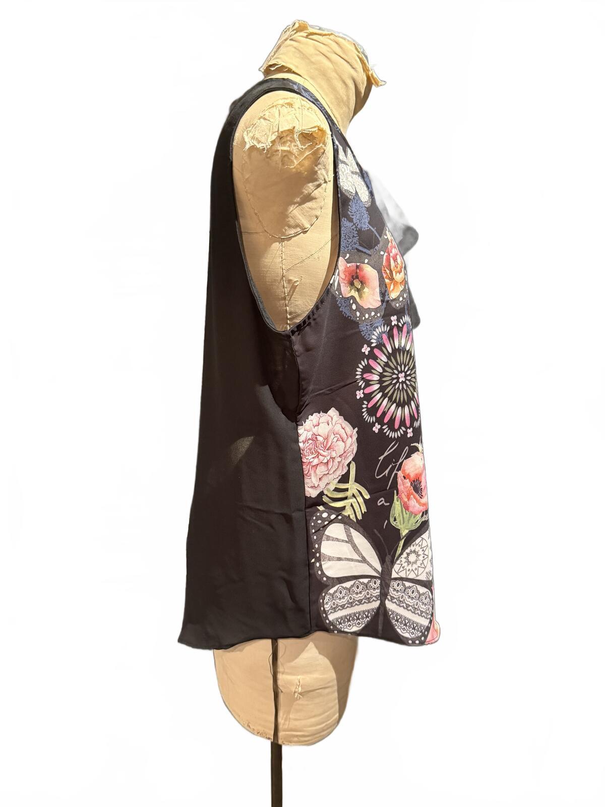 Desigual Sleeveless Floral and Butterfly Print Blouse with Ruffle