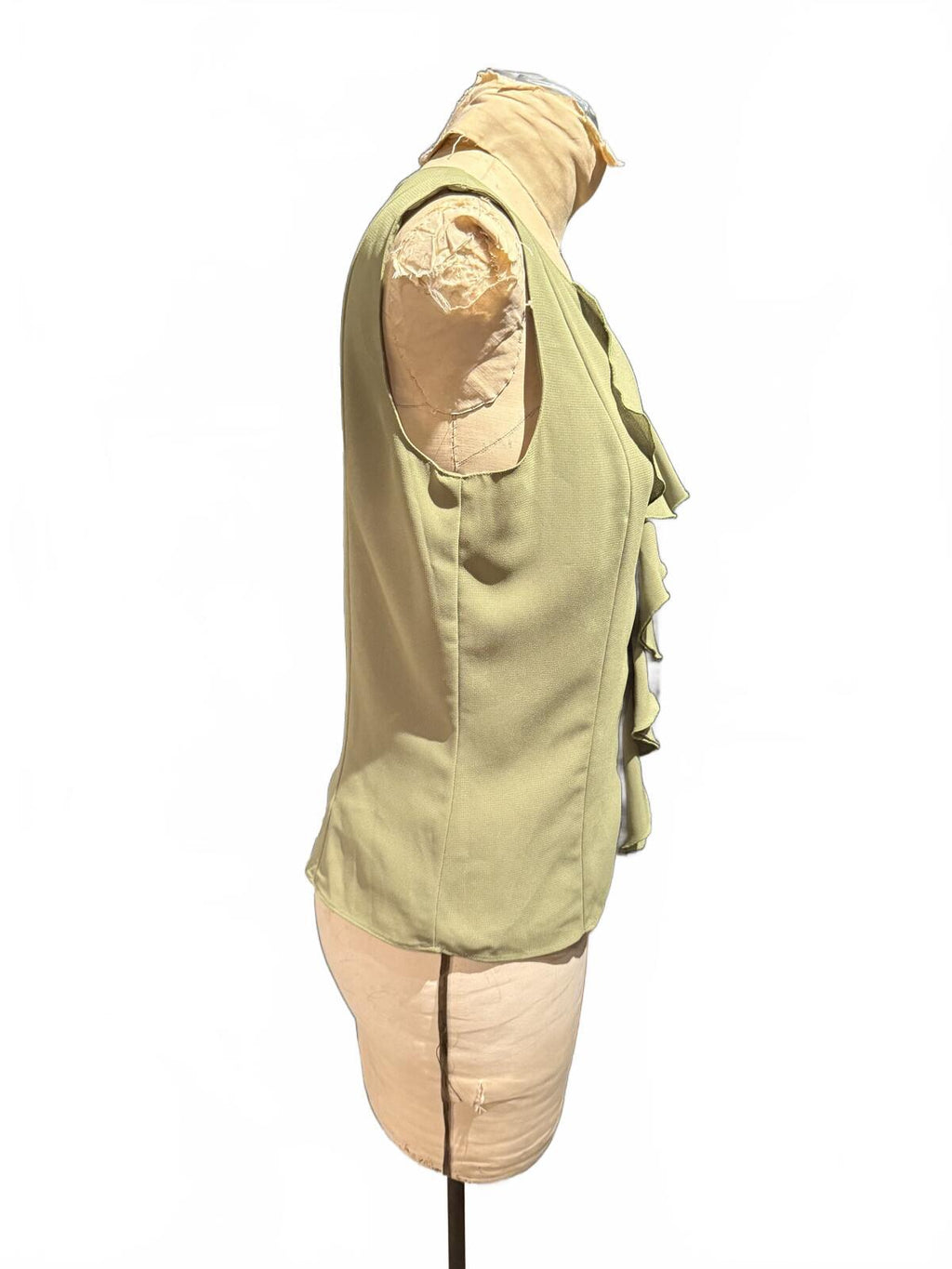 Oscar de la Renta Sleeveless Olive Green Ruffle Front Blouse