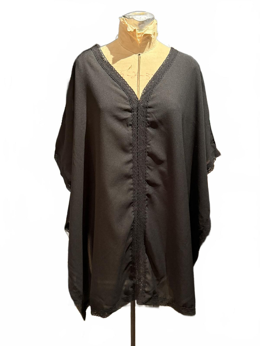 Black Loose V-Neck Cover-up with Lace Trim