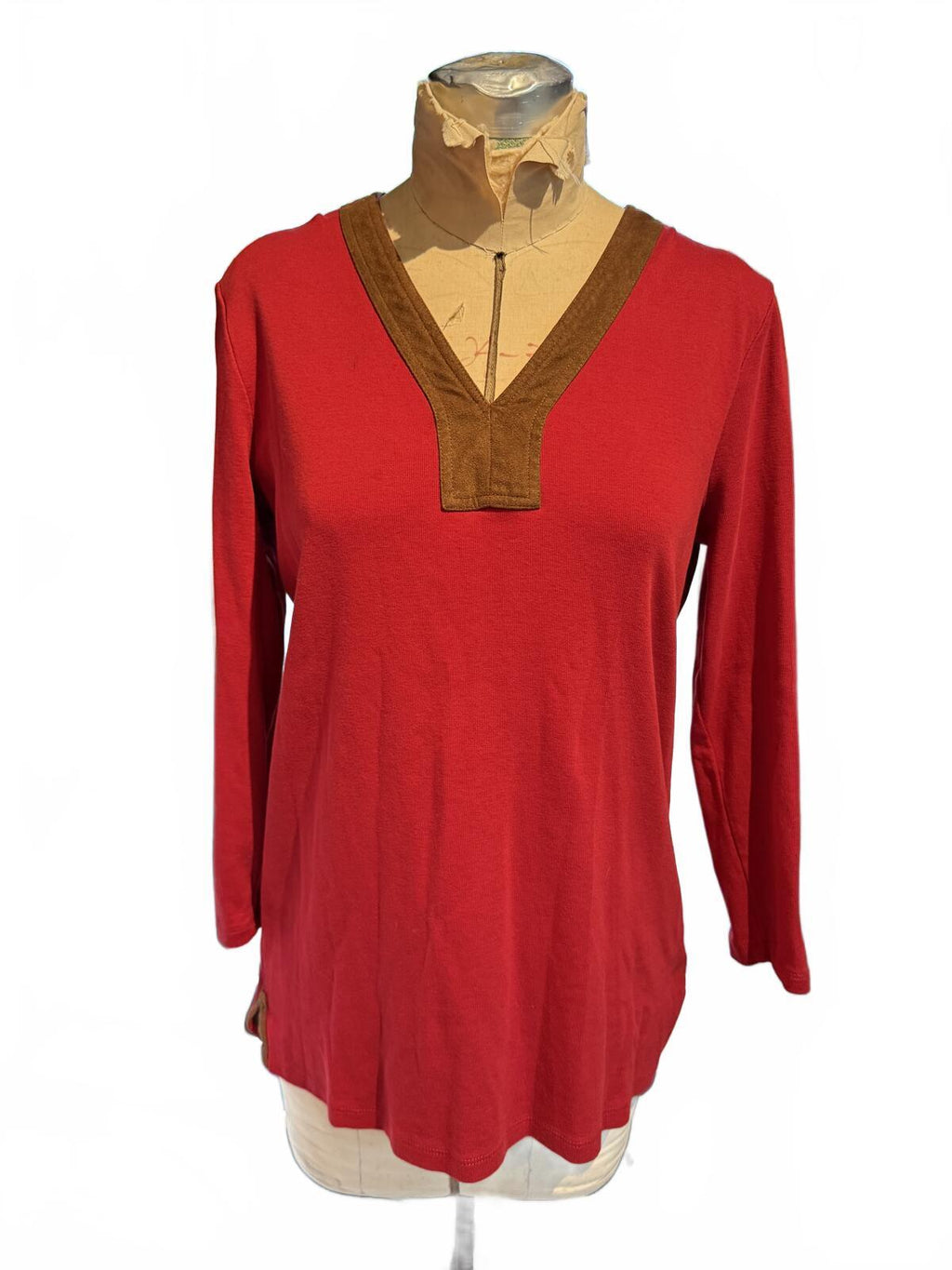 Ralph Lauren Long Sleeve Red Top with Brown Trim V-Neck