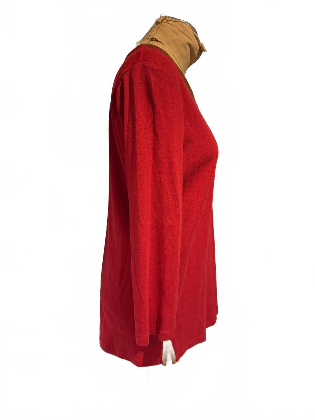 Ralph Lauren Long Sleeve Red Top with Brown Trim V-Neck