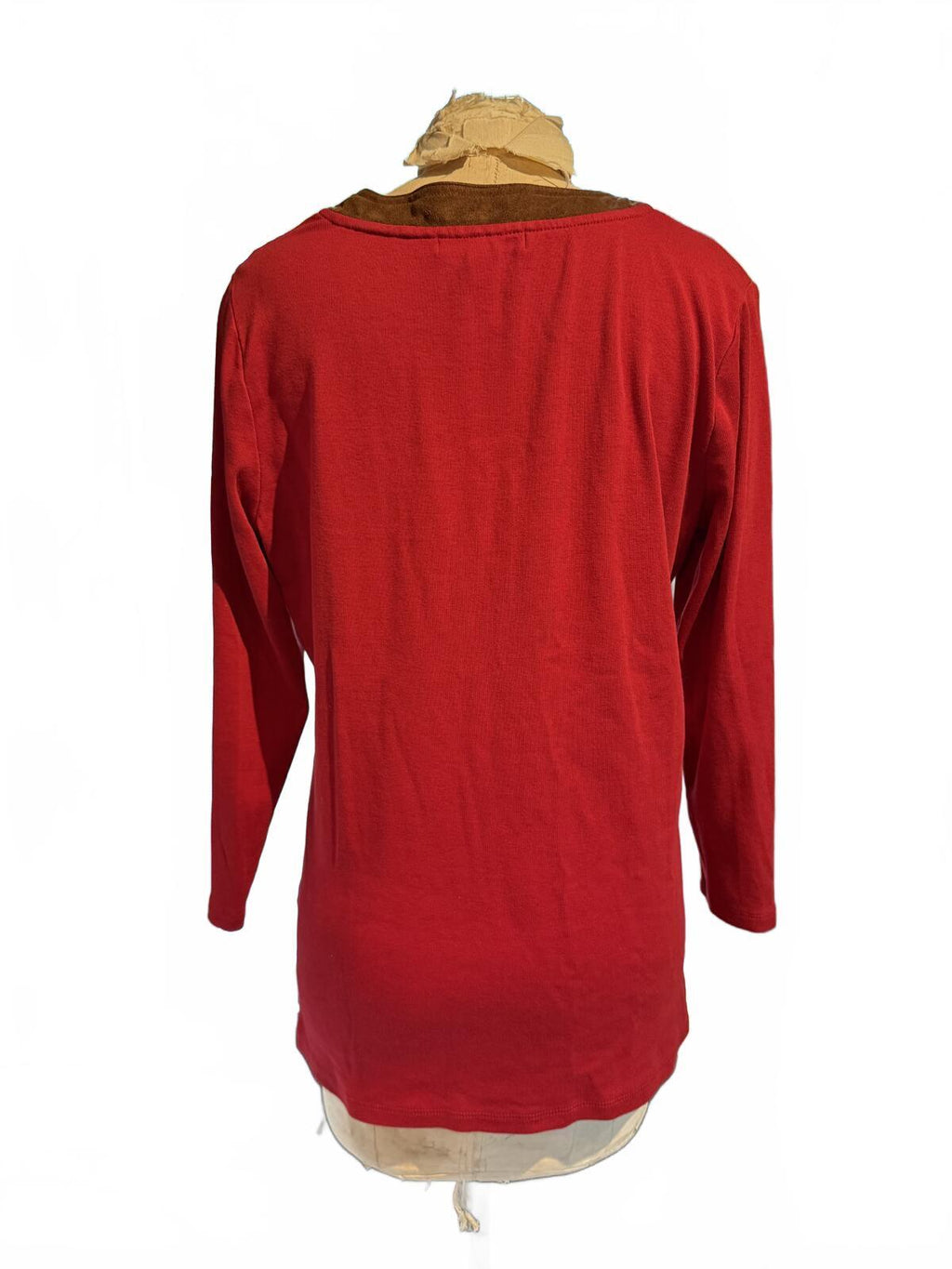 Ralph Lauren Long Sleeve Red Top with Brown Trim V-Neck
