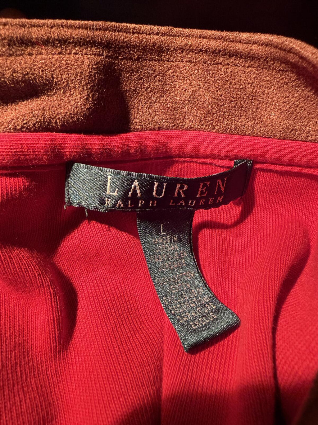 Ralph Lauren Long Sleeve Red Top with Brown Trim V-Neck