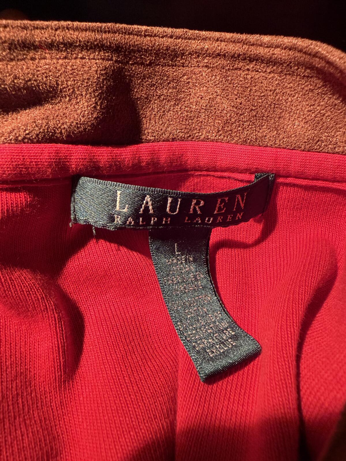 Ralph Lauren Long Sleeve Red Top with Brown Trim V-Neck