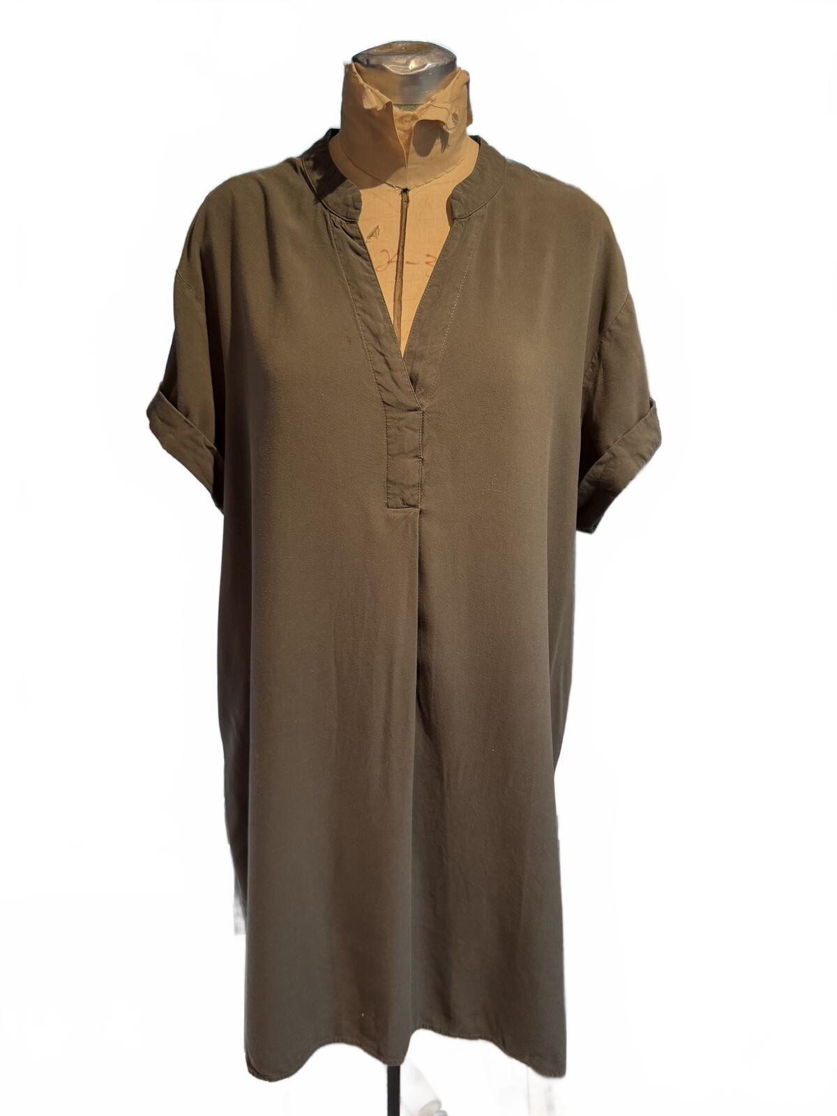 Anna Glover Casual Loose Fit Olive Green Dress with Rolled Sleeves