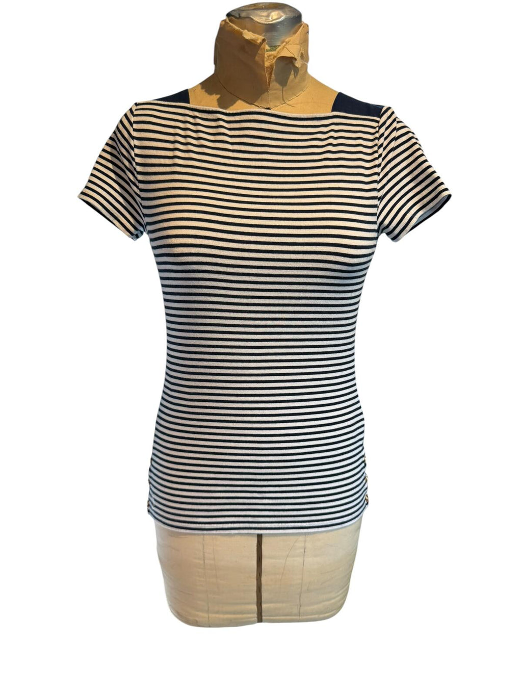 Ralph Lauren Navy and White Striped Short Sleeve Top with Button Detail
