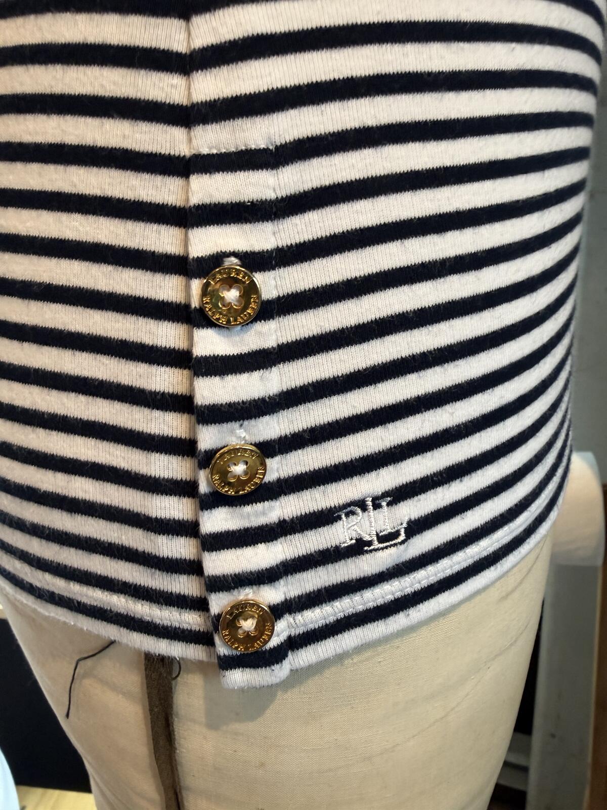 Ralph Lauren Navy and White Striped Short Sleeve Top with Button Detail