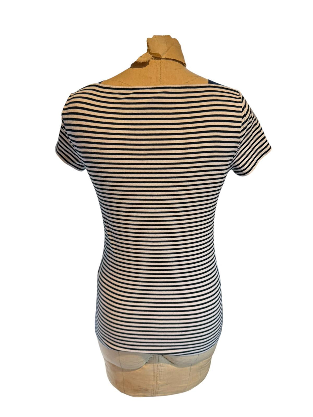 Ralph Lauren Navy and White Striped Short Sleeve Top with Button Detail