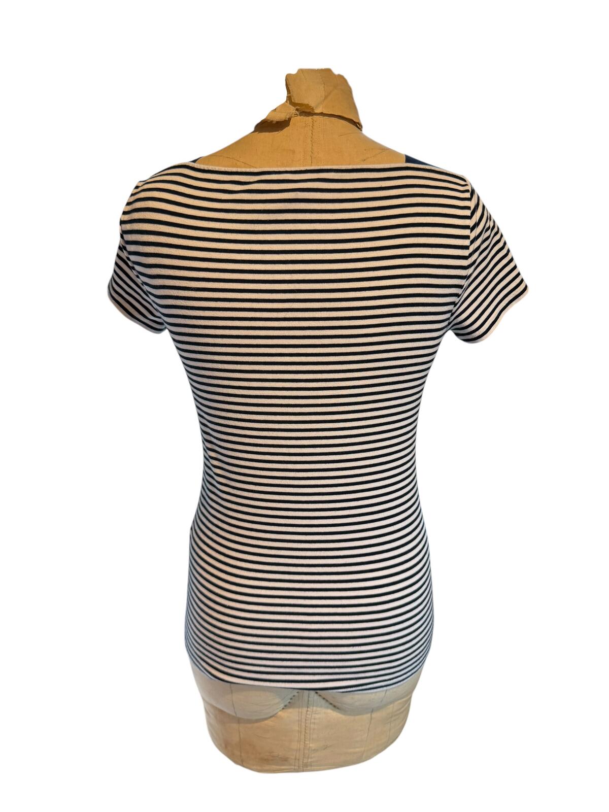 Ralph Lauren Navy and White Striped Short Sleeve Top with Button Detail