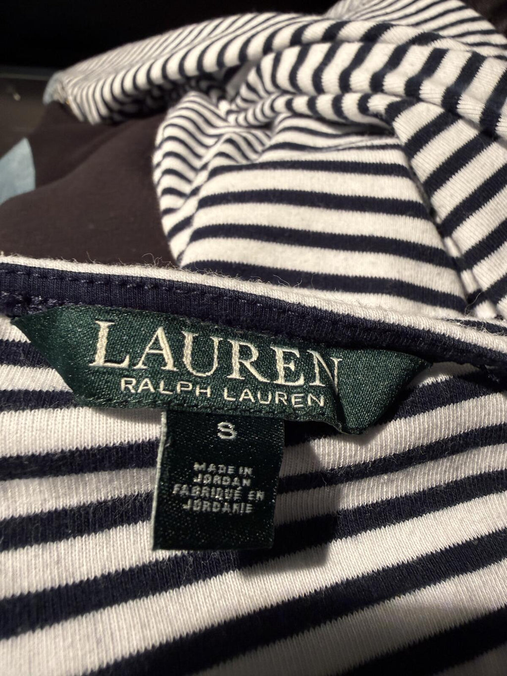 Ralph Lauren Navy and White Striped Short Sleeve Top with Button Detail
