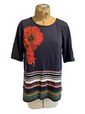 Desigual Navy Blue Floral Print Short Sleeve Top with Back Slit Detail