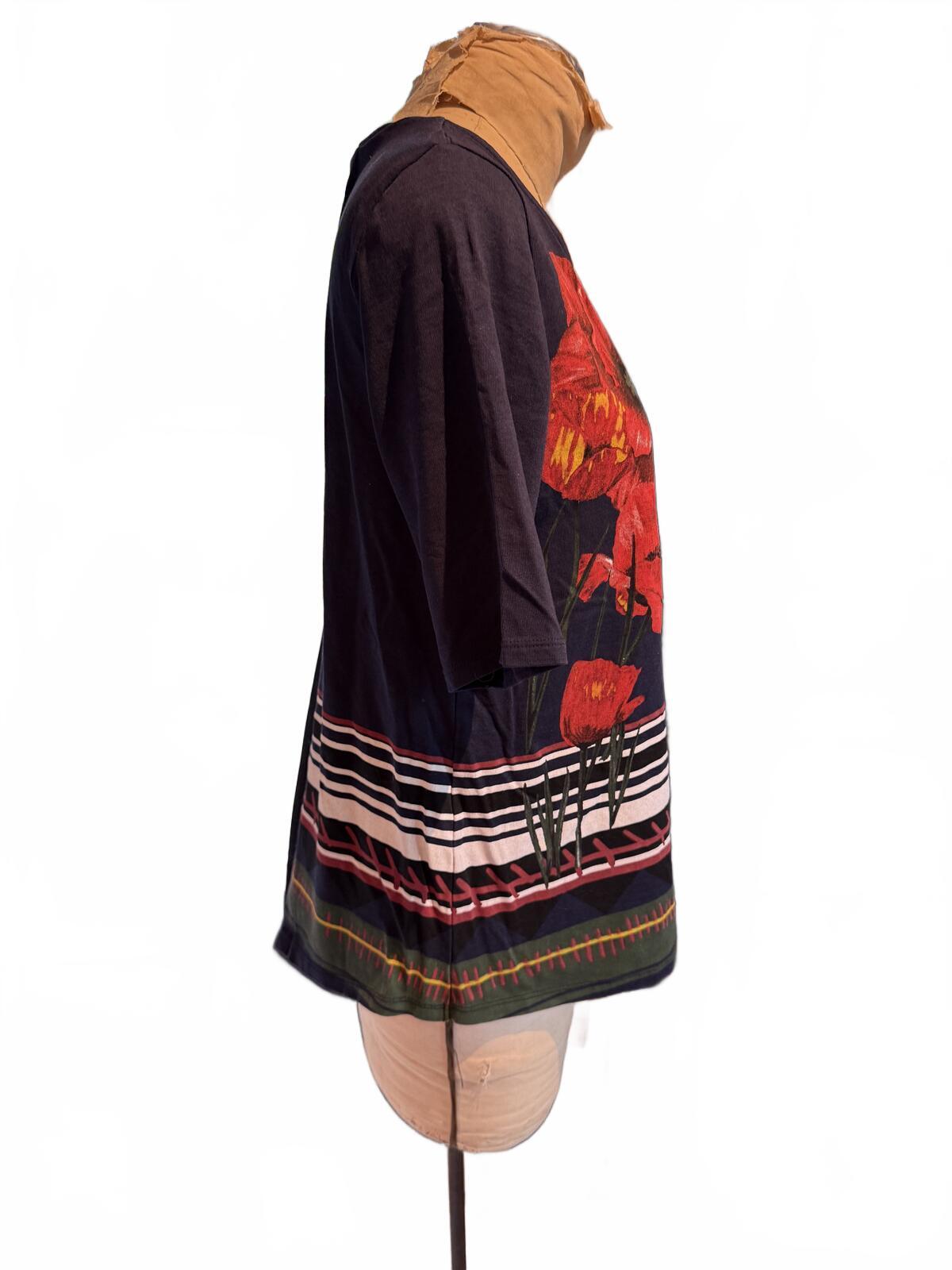 Desigual Navy Blue Floral Print Short Sleeve Top with Back Slit Detail