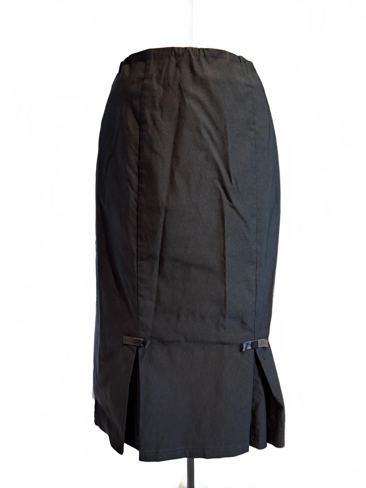 Belle Pogue Black Midi Pencil Skirt with Front Slits and Bow Detail