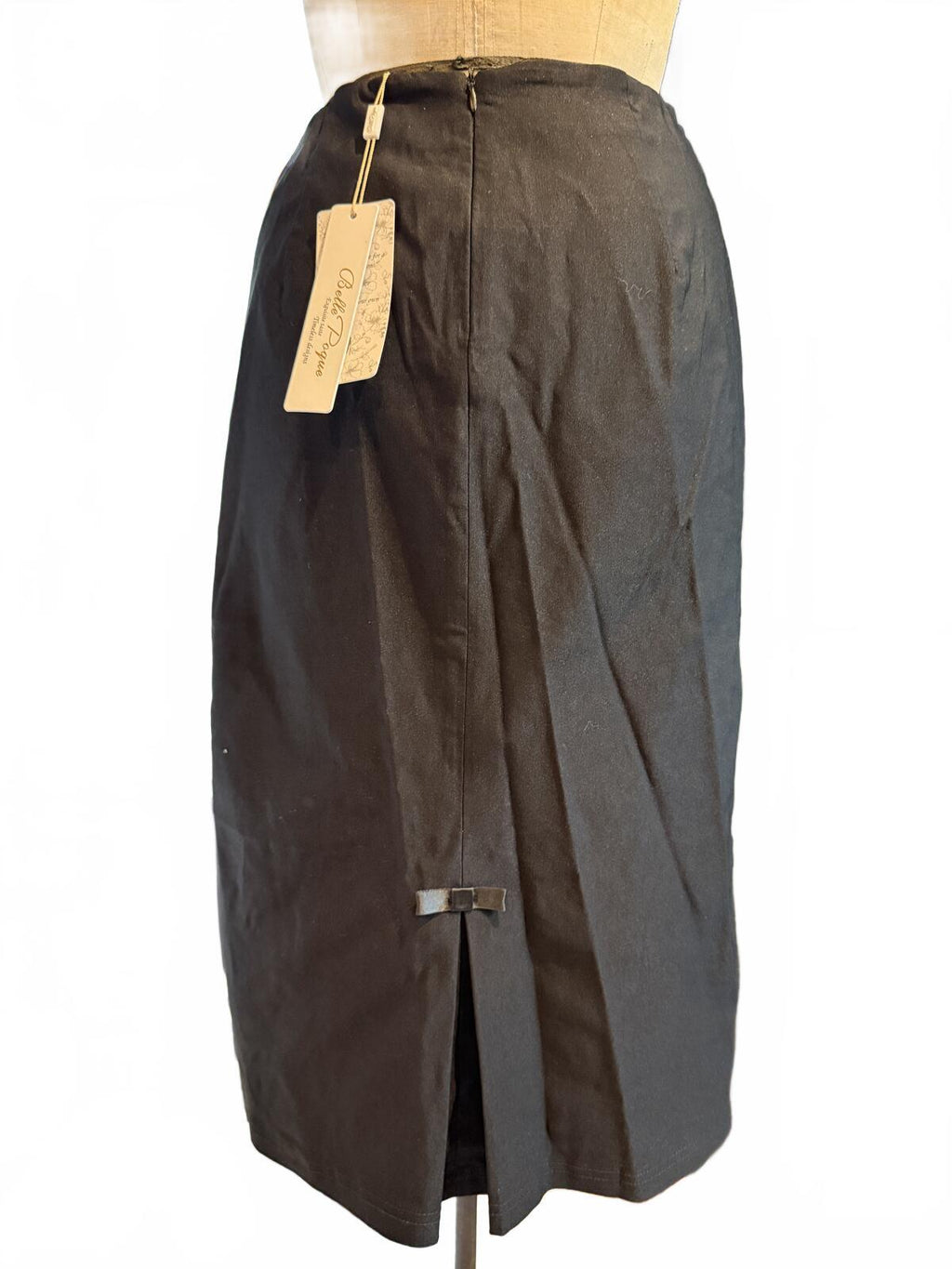 Belle Pogue Black Midi Pencil Skirt with Front Slits and Bow Detail