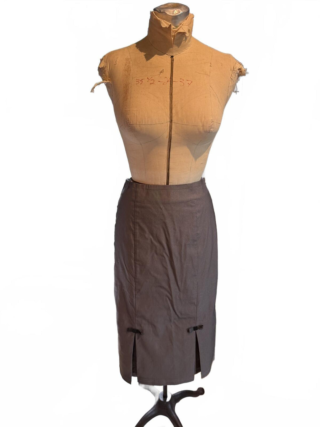 Belle Pogue Gray Midi Pencil Skirt with Front Slits and Bow Detail