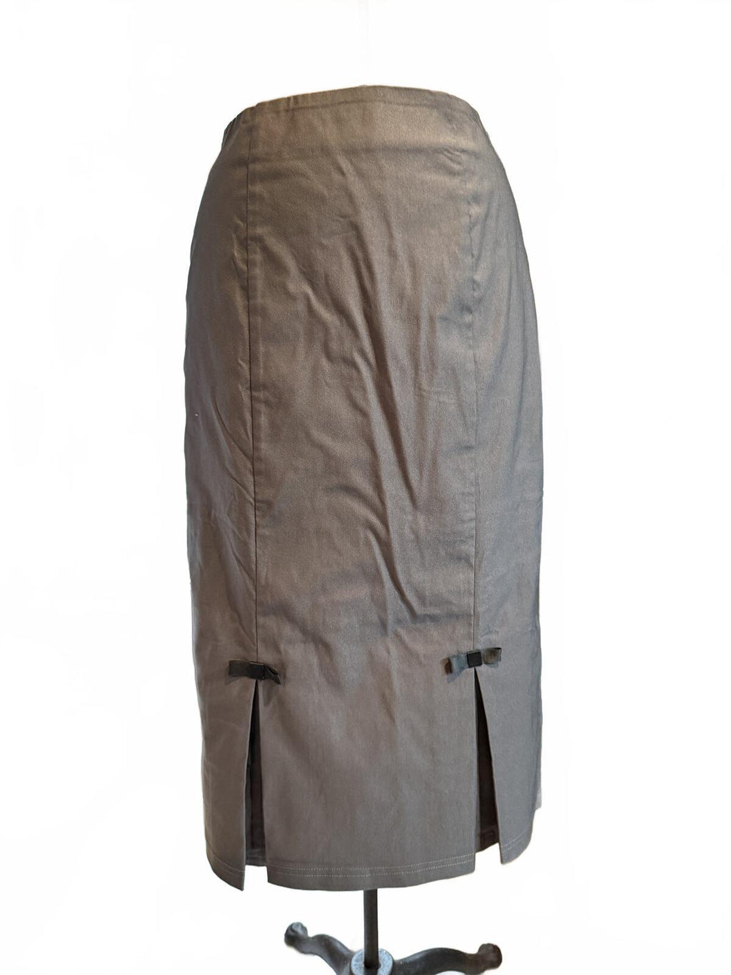 Belle Pogue Gray Midi Pencil Skirt with Front Slits and Bow Detail