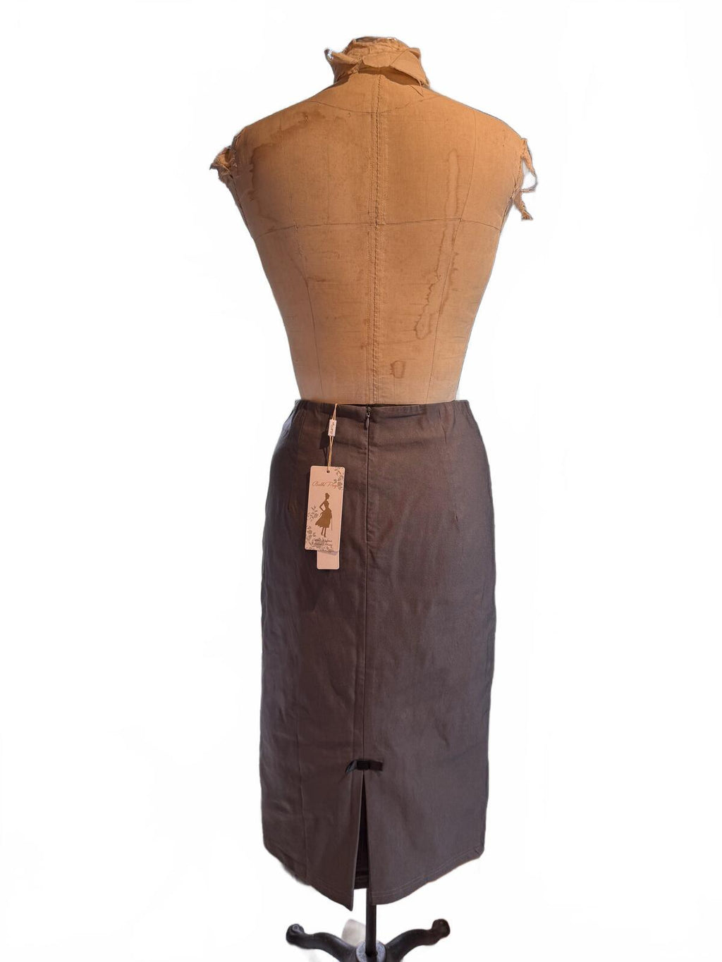 Belle Pogue Gray Midi Pencil Skirt with Front Slits and Bow Detail