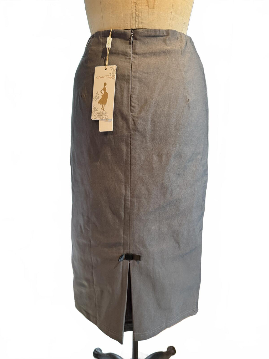 Belle Pogue Gray Midi Pencil Skirt with Front Slits and Bow Detail