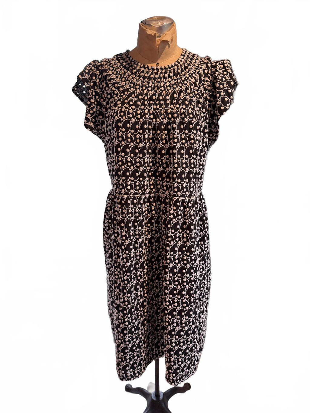 Loft Black and White Textured Eyelet Short Sleeve Dress