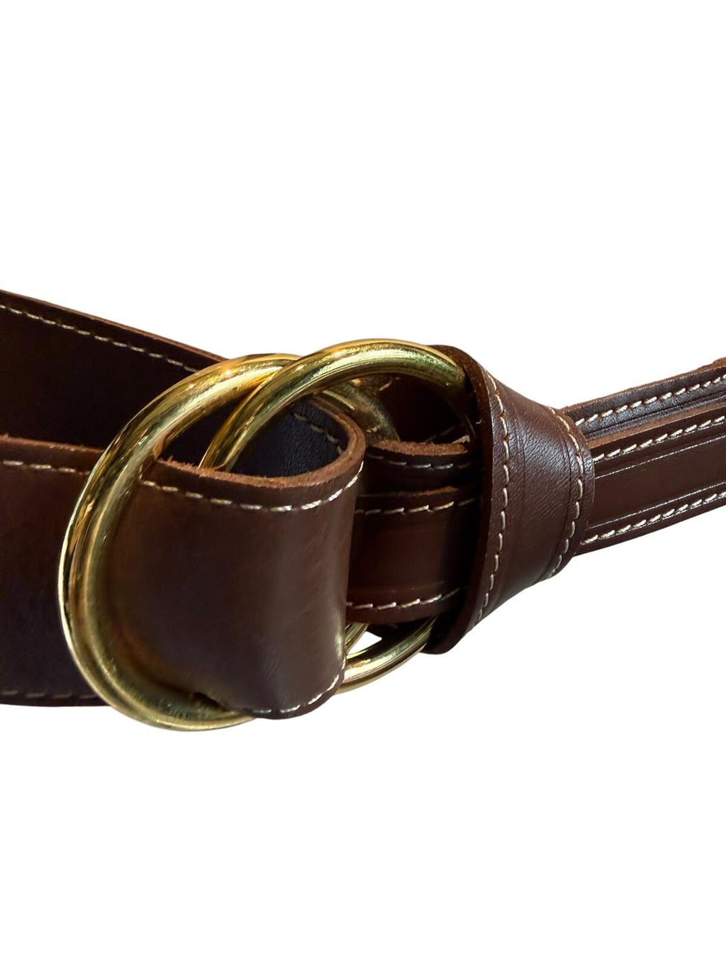 Brown Vegan Leather Belt with Gold Double Ring Buckle