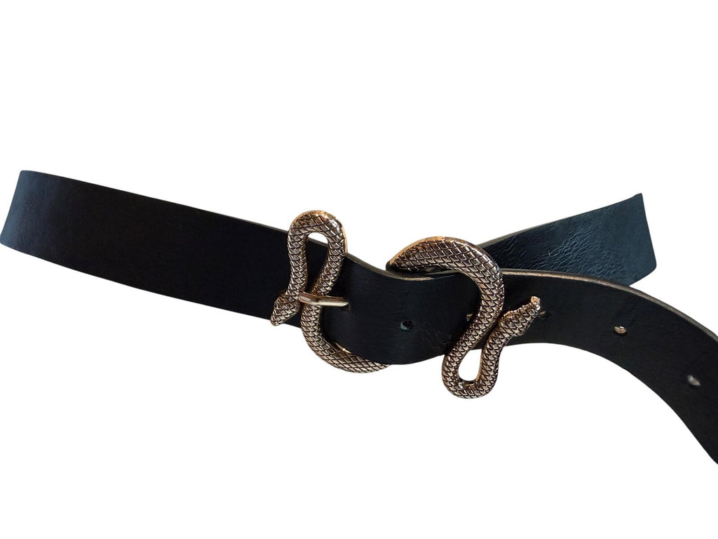 Black Leather Belt with Gold Tone Snake Buckle