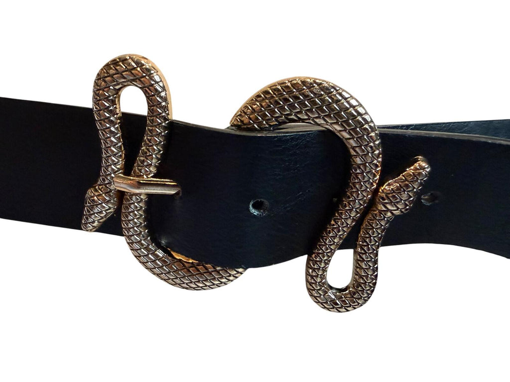 Black Leather Belt with Gold Tone Snake Buckle