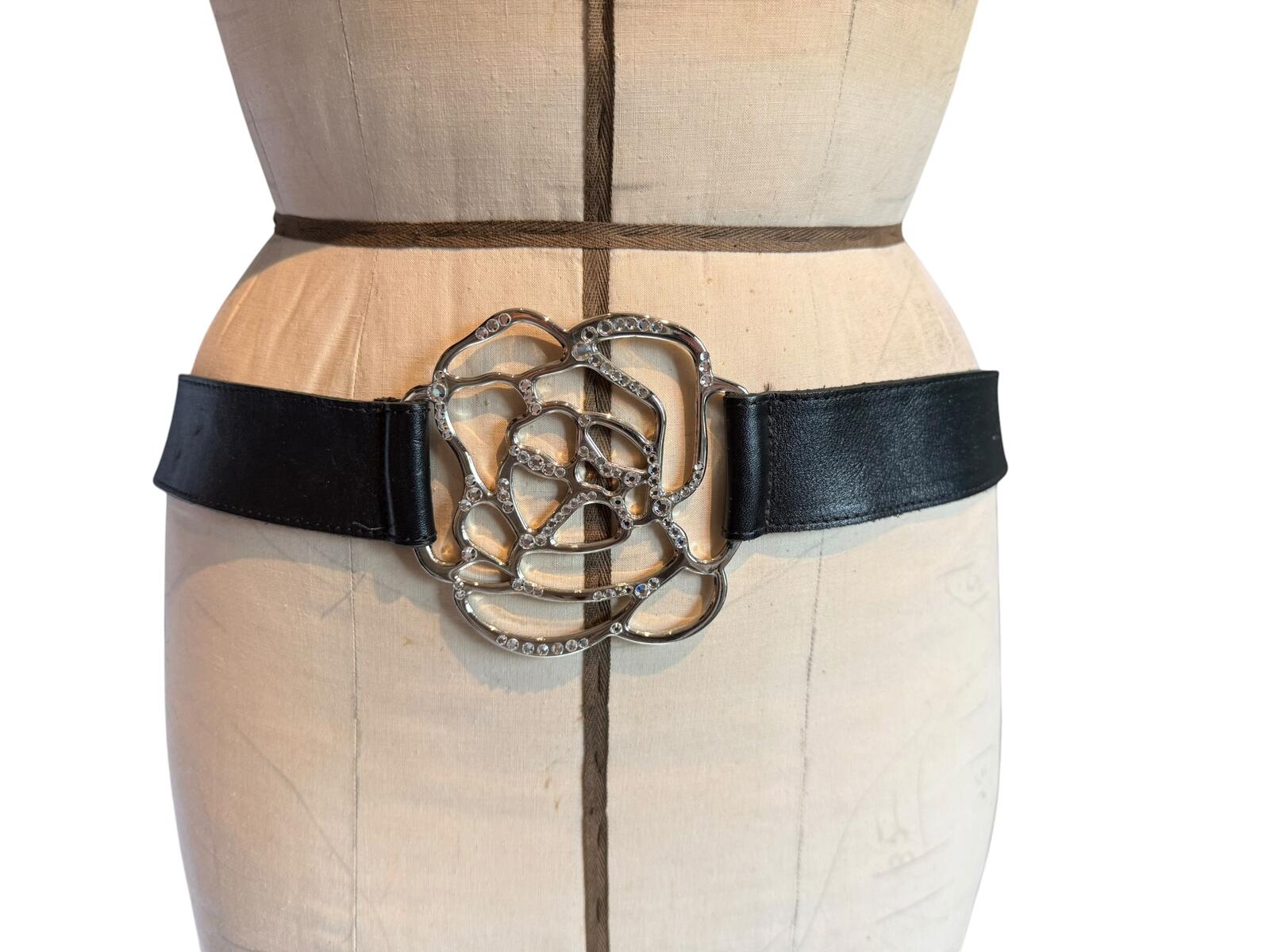 Cache Genuine Leather Black Belt with Floral Silver Buckle