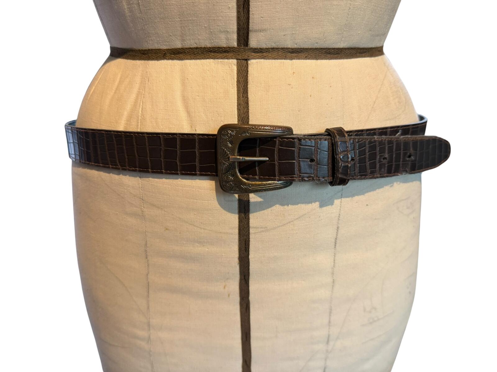 Brown Crocodile Pattern Leather Belt with Engraved Buckle