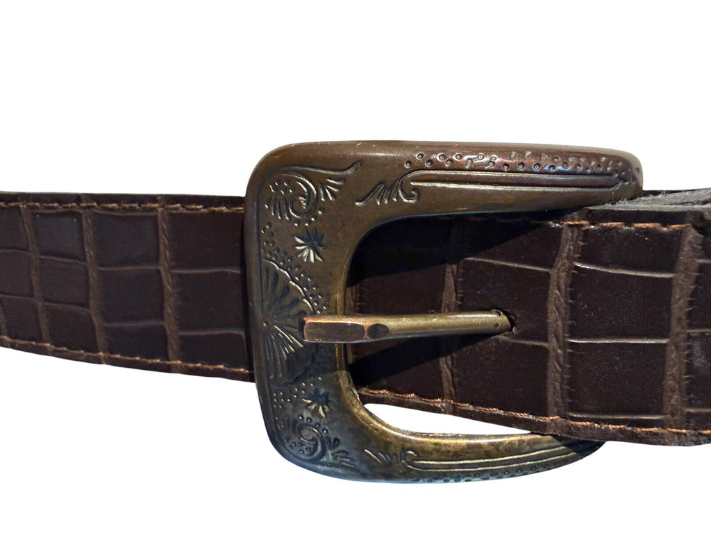 Brown Crocodile Pattern Leather Belt with Engraved Buckle